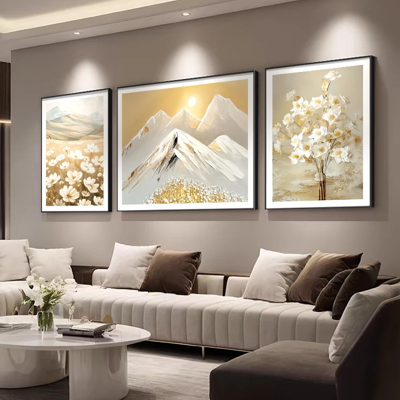 【雪映繁花】手绘油画三联画客厅装饰画轻奢沙发背景墙墙壁挂画金山