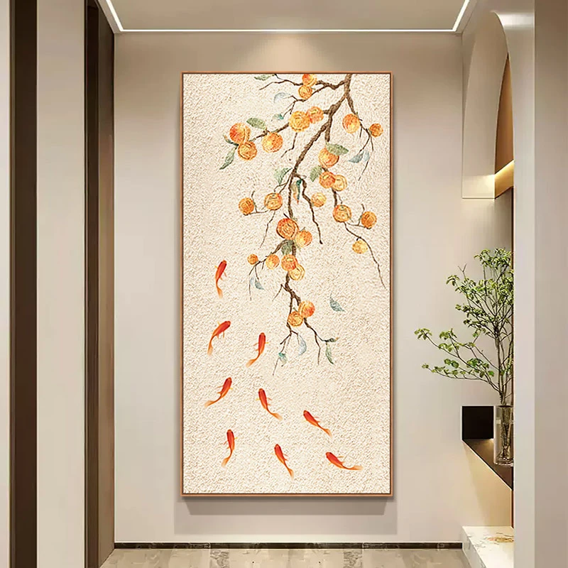 【福柿连连】手绘油画九鱼图玄关装饰画入户新中式挂画高级感柿子