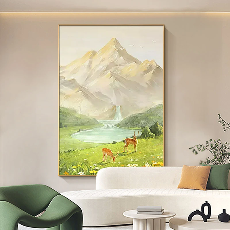 【呦呦鹿鸣】高级感客厅油画挂画日照金山装饰画奶油风玄关画山水