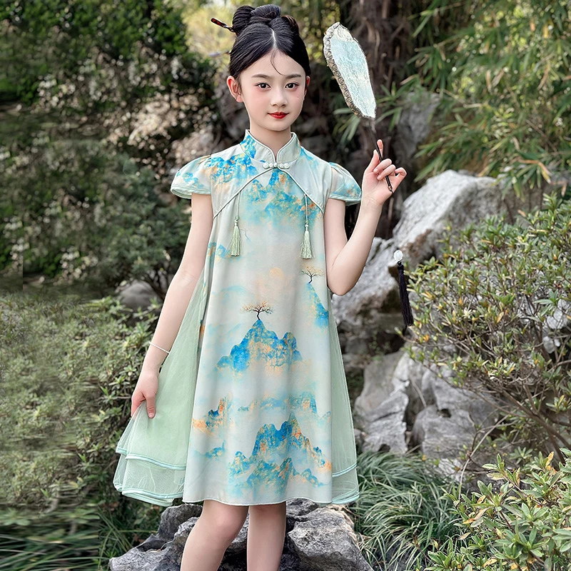 女童夏季连衣裙2024新款洋气中国风女孩汉服夏款旗袍裙复古公主裙