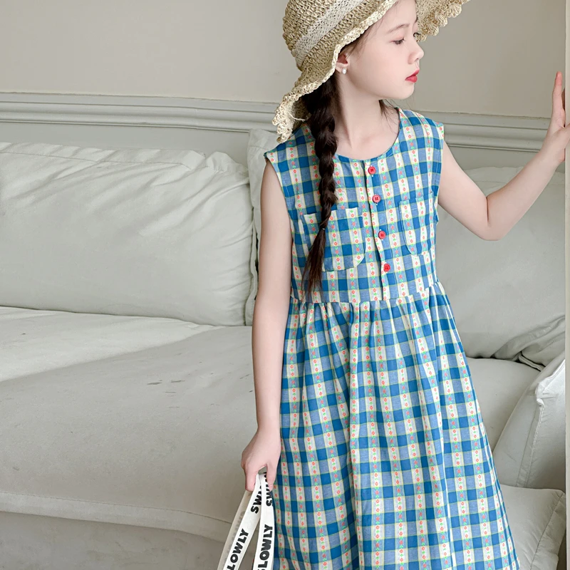 女童夏装裙子2024新款女大童夏天学院风公主裙儿童夏季格子连衣裙