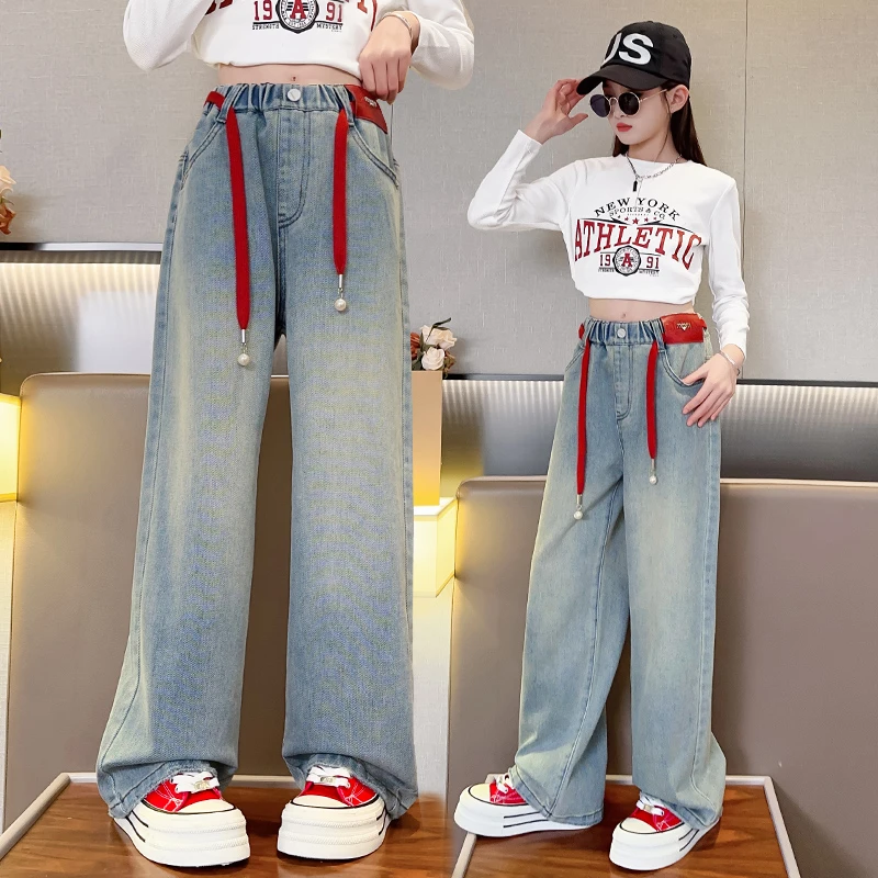 女童裤子春秋款2024新款洋气女孩春季中大童儿童春装阔腿裤牛仔裤