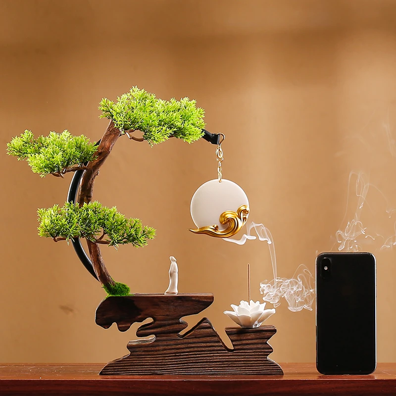 新中式禅意摆件倒流香香炉木底座客厅家用办公室沉香檀香室内熏香