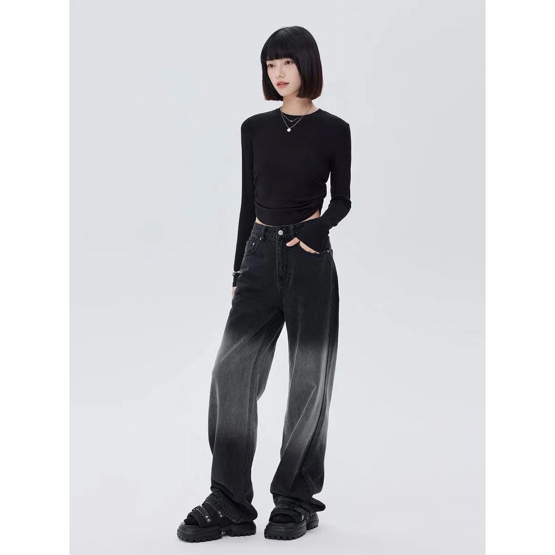 撞色休闲阔腿牛仔裤女黑灰高腰梨形身材宽松拖地渐变直筒长裤子夏