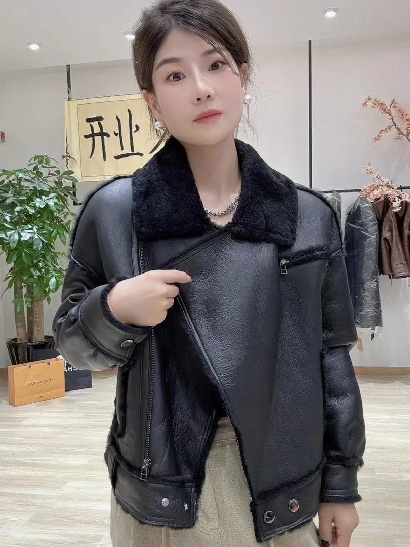 【3051】西夏尚美皮毛一体短款大牌时尚外套洋气休闲女士纯色外套