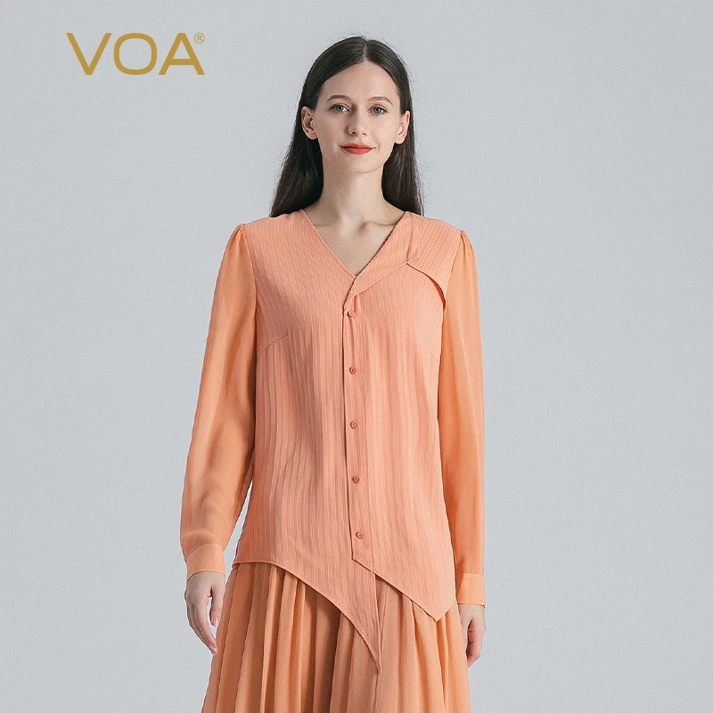 VOA无界重磅厚实桑蚕丝V领拼接乔其丝绸长袖宽松真丝T恤衫BE1279