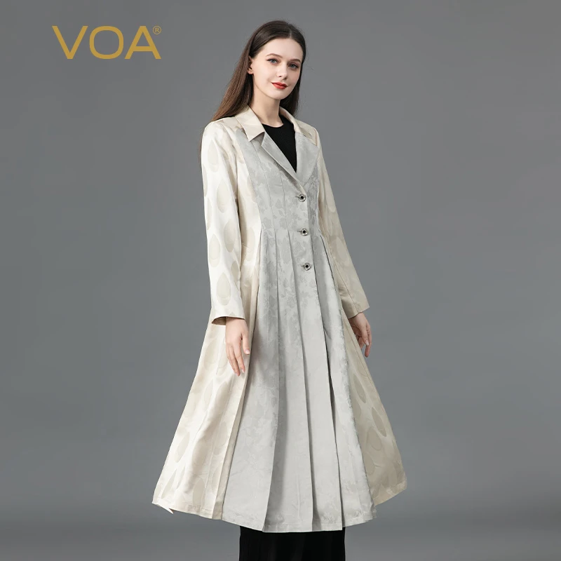 VOA真丝提花38姆米灰色西装领工字褶印花中长款桑蚕丝外套FE178