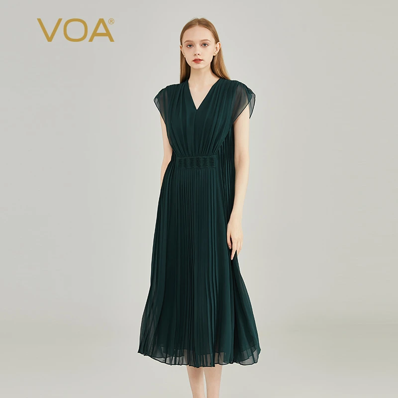 VOA真丝乔其孔绿色V领立体活页盖袖优雅气质轻柔灵动连衣裙AE2182