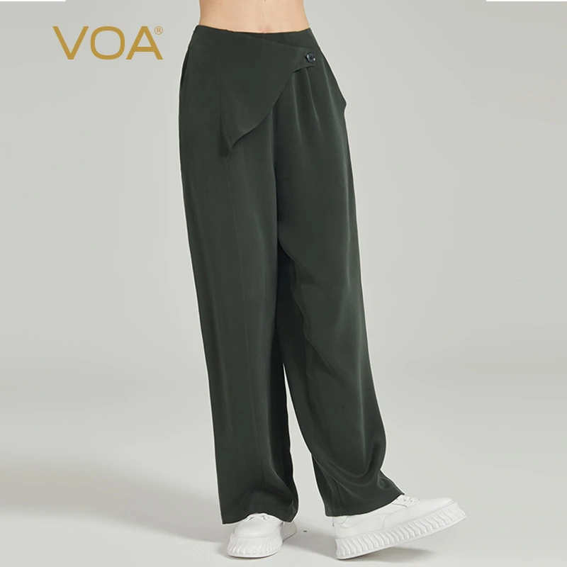 VOA深松绿重磅厚真丝后松紧腰不对称活页设计真丝直筒长裤KE931