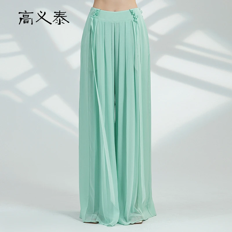 高义泰天青绿乔其纯真丝木耳边流苏装饰自然腰垂感阔腿长裤KY083