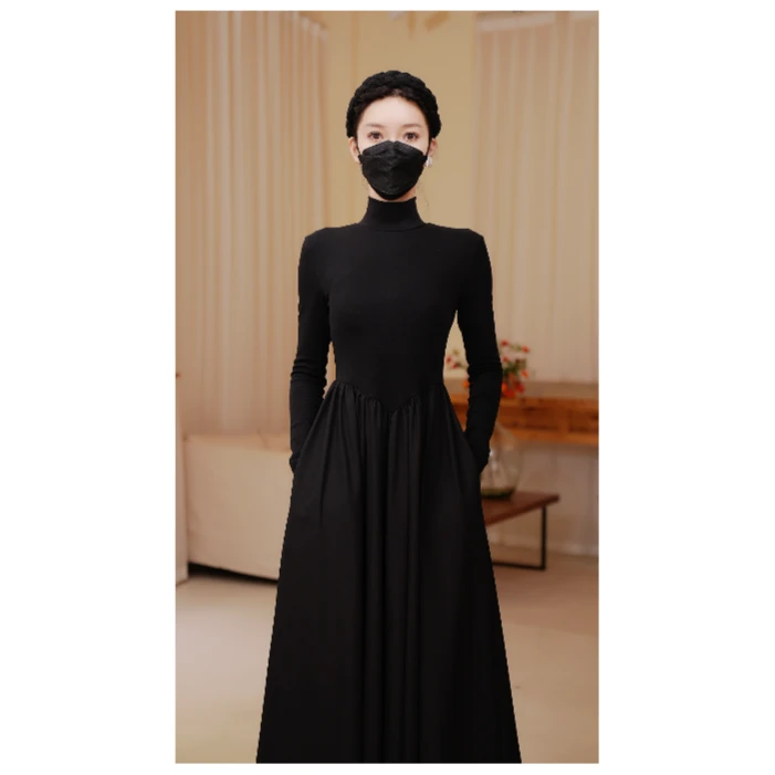 旧事夜色 黑色长裙气质显瘦高领长款修身时尚收腰连衣裙通勤