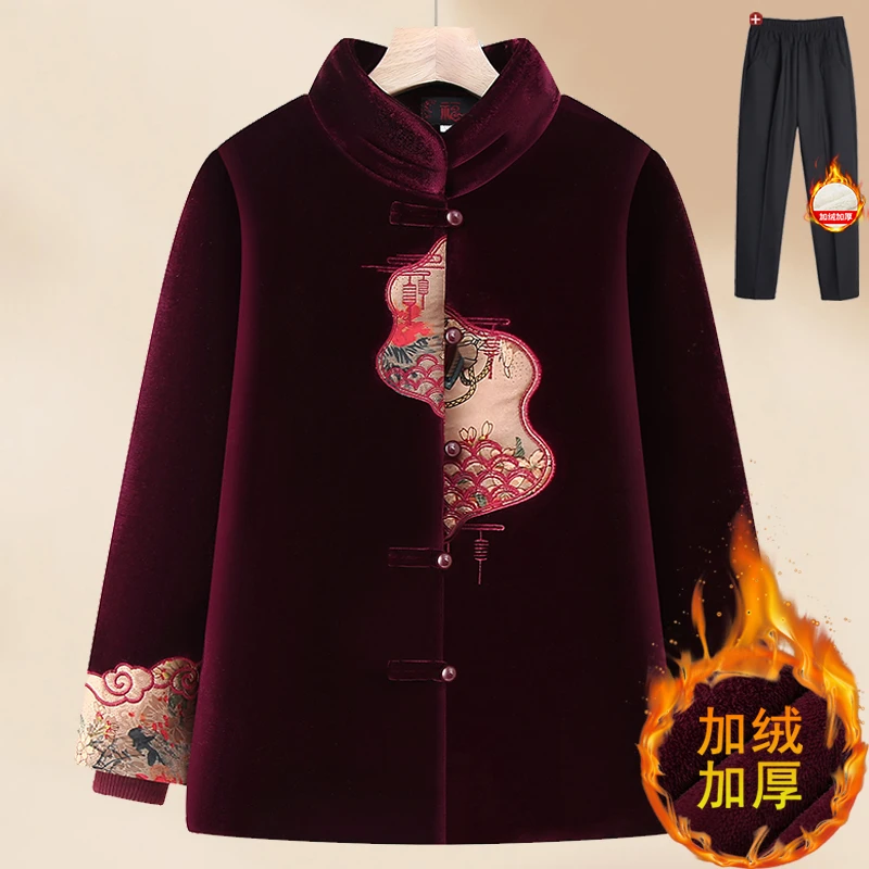 奶奶冬装棉衣加绒加厚中老年人衣服女70岁妈妈唐装棉袄老太太外套