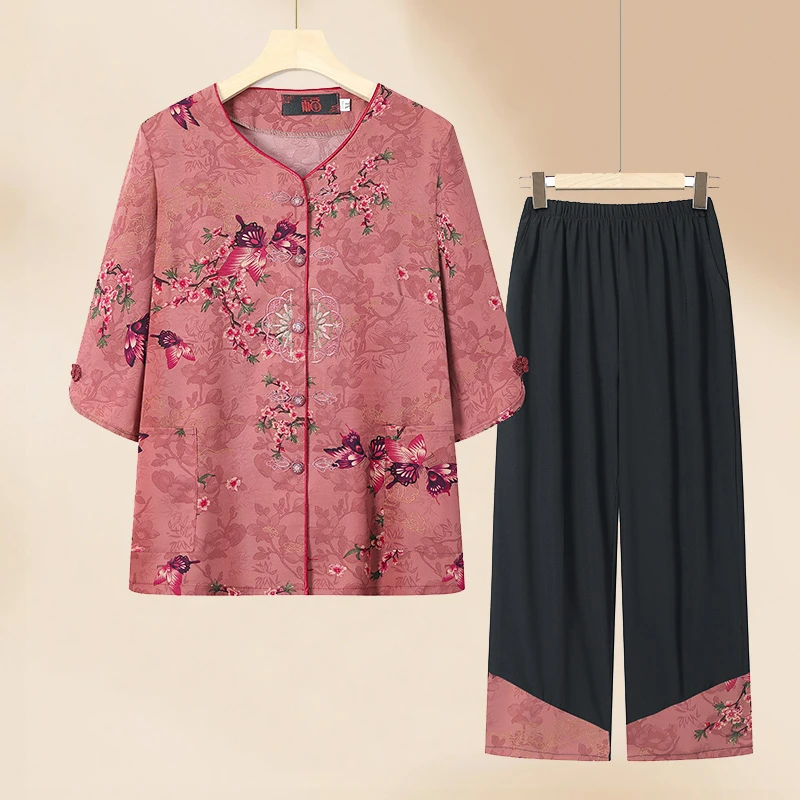 夏装奶奶衬衫女中老年人妈妈开衫套装新款中袖老太太衣服春夏薄款