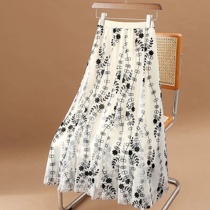 植绒印花网纱半身裙女2025早秋新款松紧腰显瘦中长款大摆纱裙子女