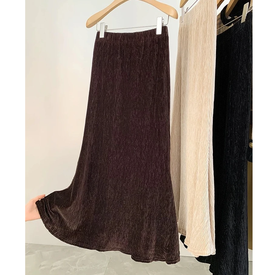 咖色褶皱丝绒半身裙女中长款秋季新款高腰显瘦包臀裙百搭鱼尾半裙