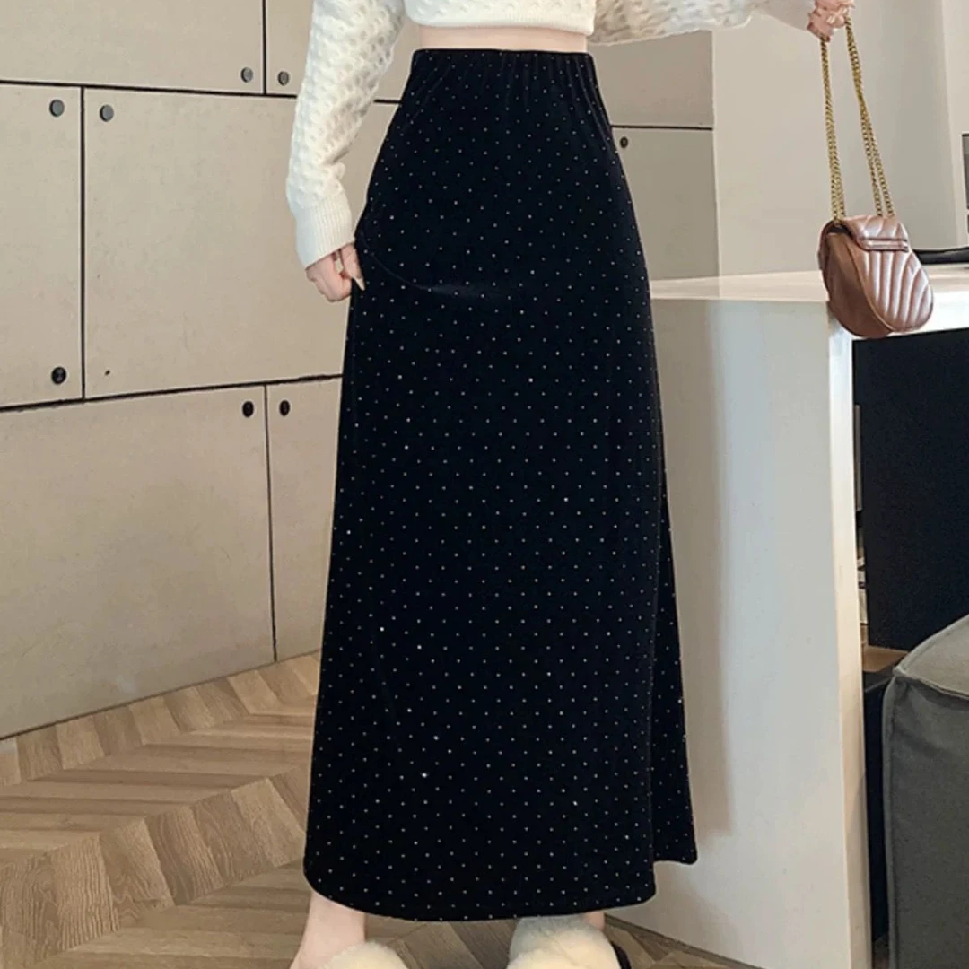 金丝绒气质纯色A字半身裙女2025早秋新款包臀高腰垂顺烫钻鱼尾裙