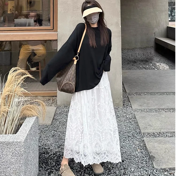 2025早秋新款纯色蕾丝拼接A字裙长裙半身裙女高腰显瘦小众设计感