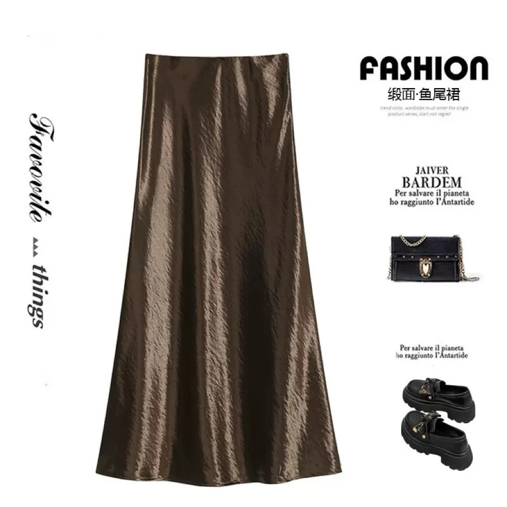 新中式早春新款厚款缎面鱼尾裙高级感减龄百搭纯色中长款鱼尾裙女