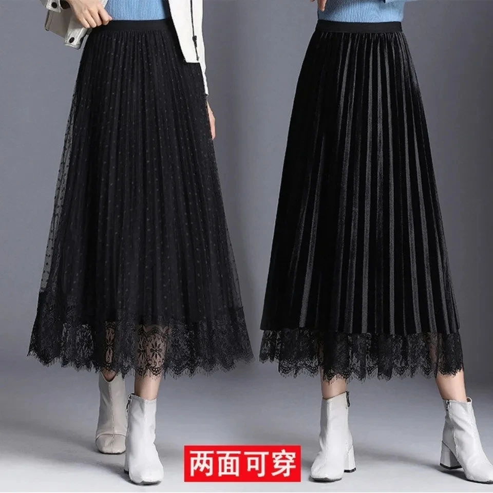 金丝绒半身裙女2022秋冬新款波点网纱蕾丝裙气质百褶裙高腰显瘦
