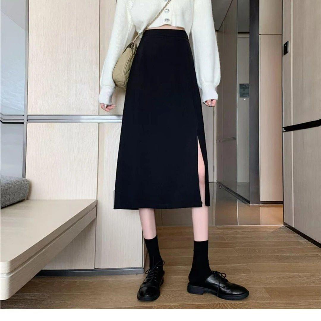 西装垂感开叉半身裙女春夏a字裙显瘦气质百搭显瘦高腰中长款裙子