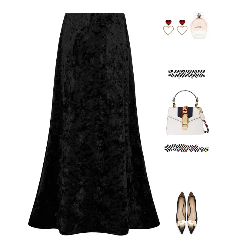 新款秋冬季丝绒松紧腰显瘦中长款鱼尾裙高级感垂顺气质中式半身裙