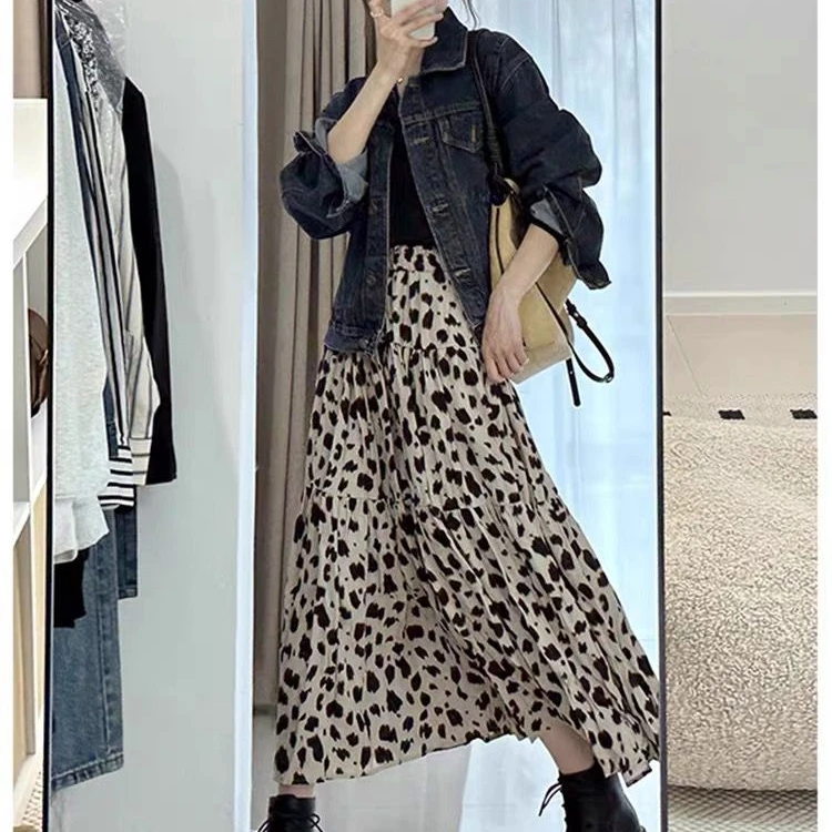 美式复古高腰A字豹纹半身裙女2025春秋设计感小众个子显瘦中长裙