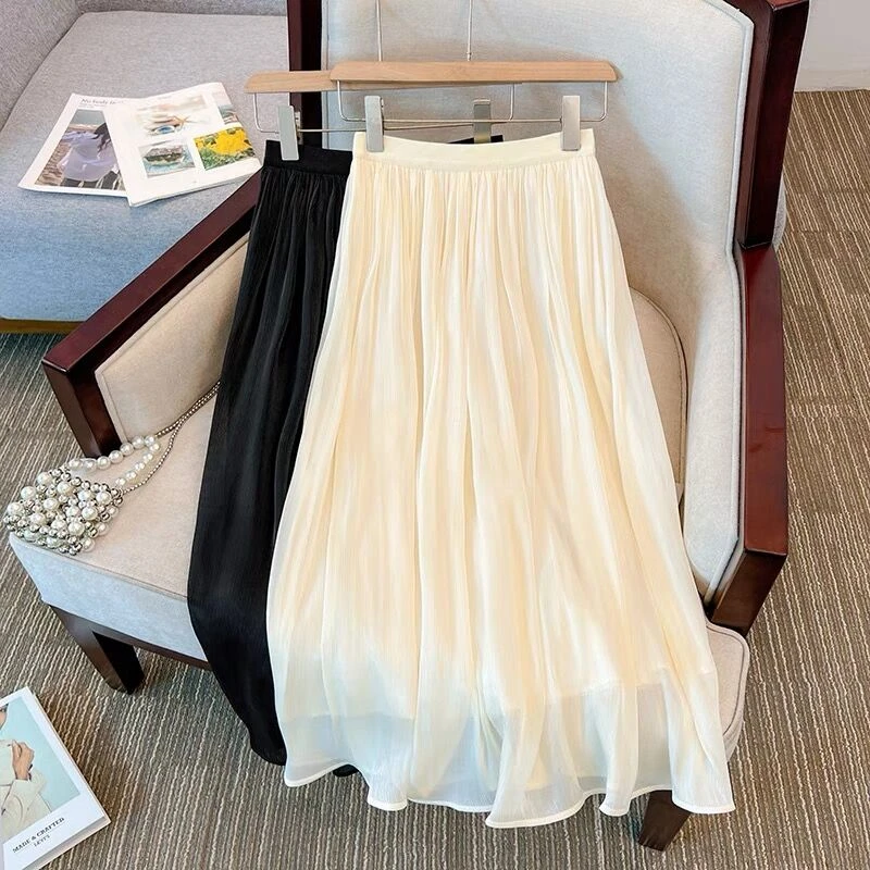 【C魅甄选】263韩版中长款裙子珠光仙气半身裙丝光感纱裙温柔A字裙