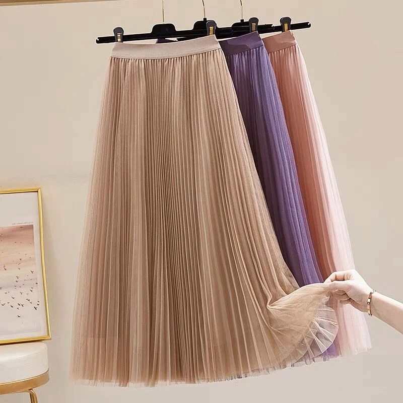 时尚网纱半身裙女春秋新款高腰显瘦中长百褶A字气质纱裙子长款