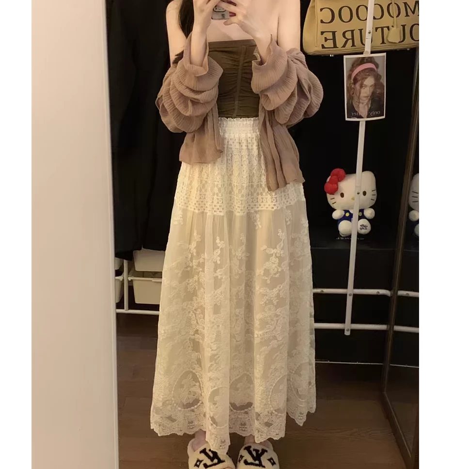 2025早秋新款蕾丝中长款大摆a字半身裙甜美气质韩系中长款半身裙