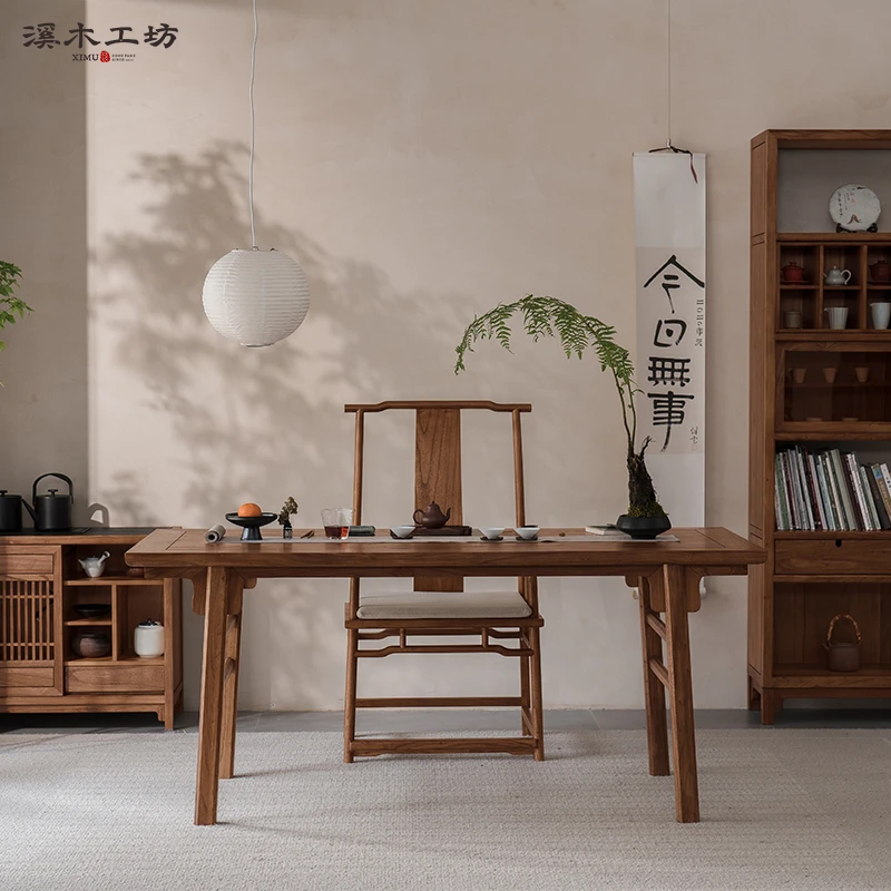 新中式实木茶桌老榆木茶台中式仿古书法桌禅意茶桌椅组合茶室家具