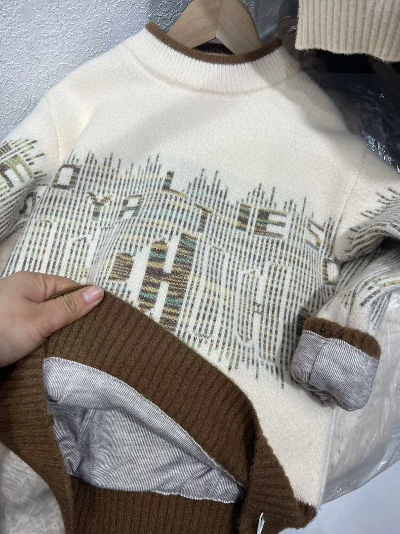 加绒长袖男童装针织衫休闲灰色拼接时尚元【字母竖纹】