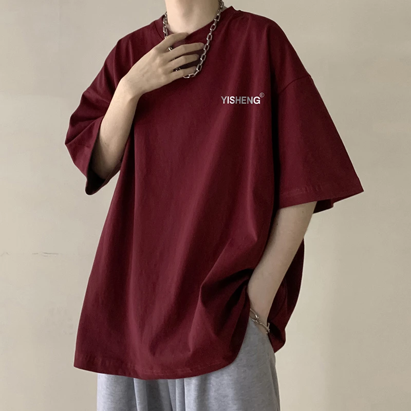 酒红色纯棉短袖男夏季美式休闲复古潮牌潮流oversize重磅半袖衣服