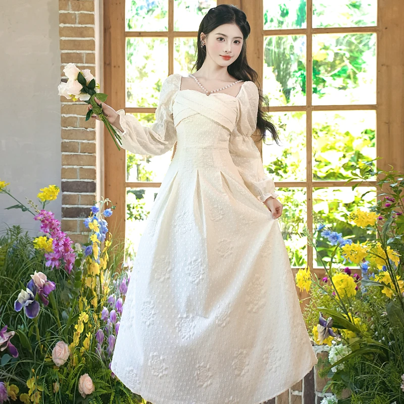 秋季法式珍珠链褶皱复古公主连衣裙高级感名媛长裙2024