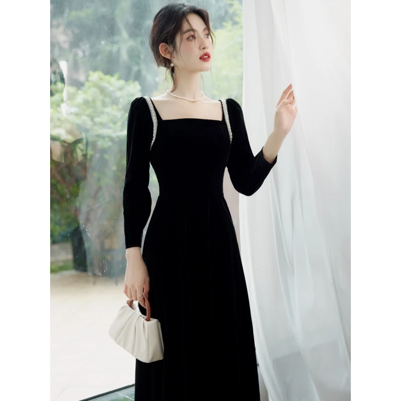 秋冬法式复古方领黑色连衣裙露背小黑裙名媛气质晚宴年会礼服510