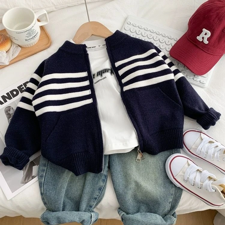 男童毛衣开衫2024春秋圆领儿童条纹时尚毛线帅气撞色针织上衣洋气