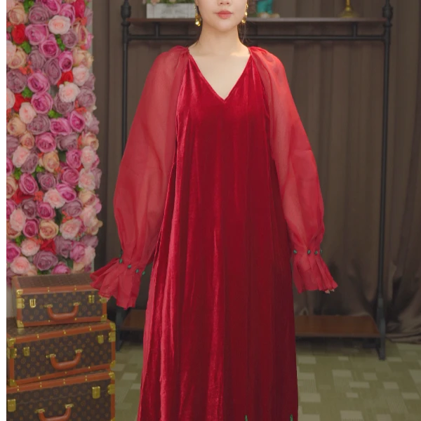 了然鸿鹄红标新款连衣裙时尚气质设计师女士红色百搭显瘦高端a字