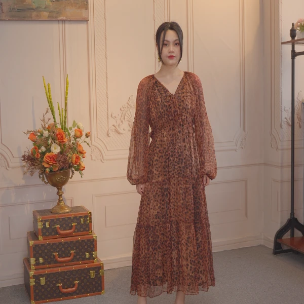 豹纹领带飘带弹力松紧腰豹纹长裙连衣裙长款裙子