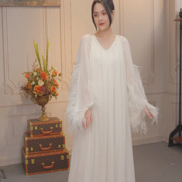 了然红标夏影宽松桑蚕丝连衣裙气质白色仙气宽松连衣裙简约长袖