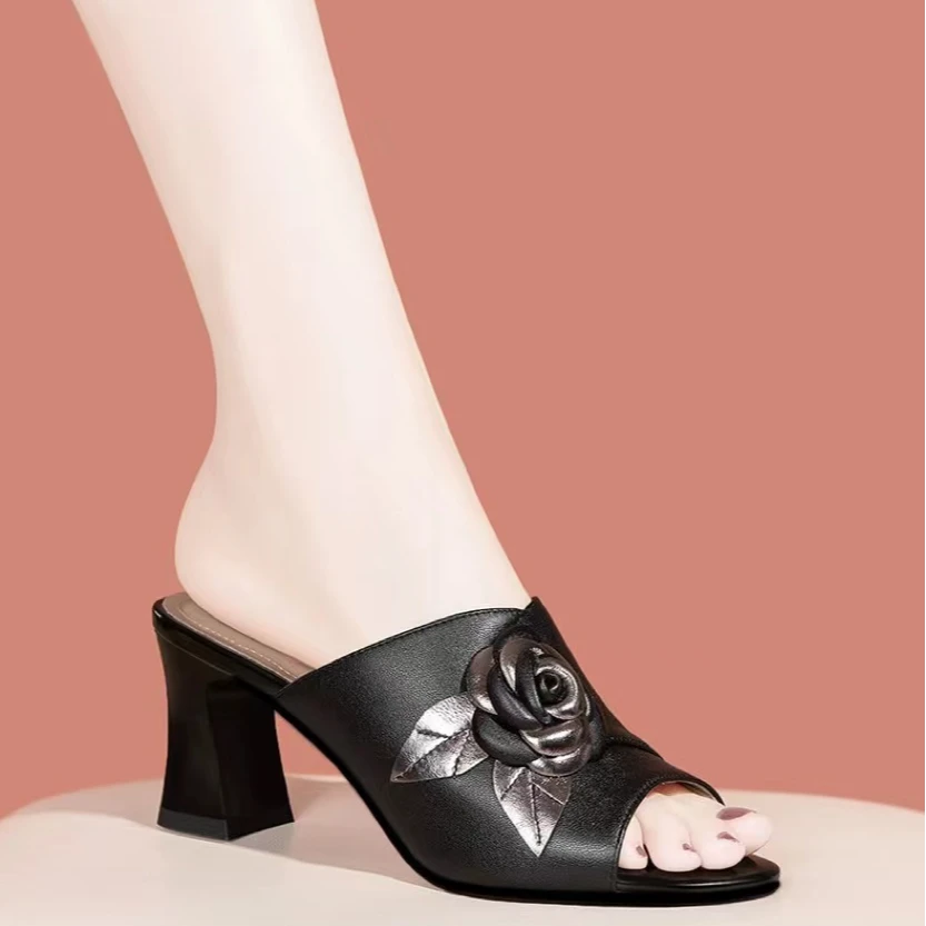 夏季新款高跟软皮拖鞋女外穿粗跟皮拖2023新款一字凉拖鱼嘴半拖鞋