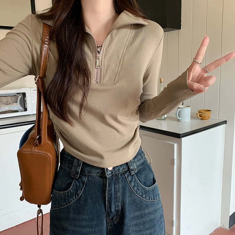 穿搭博主推荐短款抽绳不规则立领半拉链长袖T恤女春秋小个子上衣