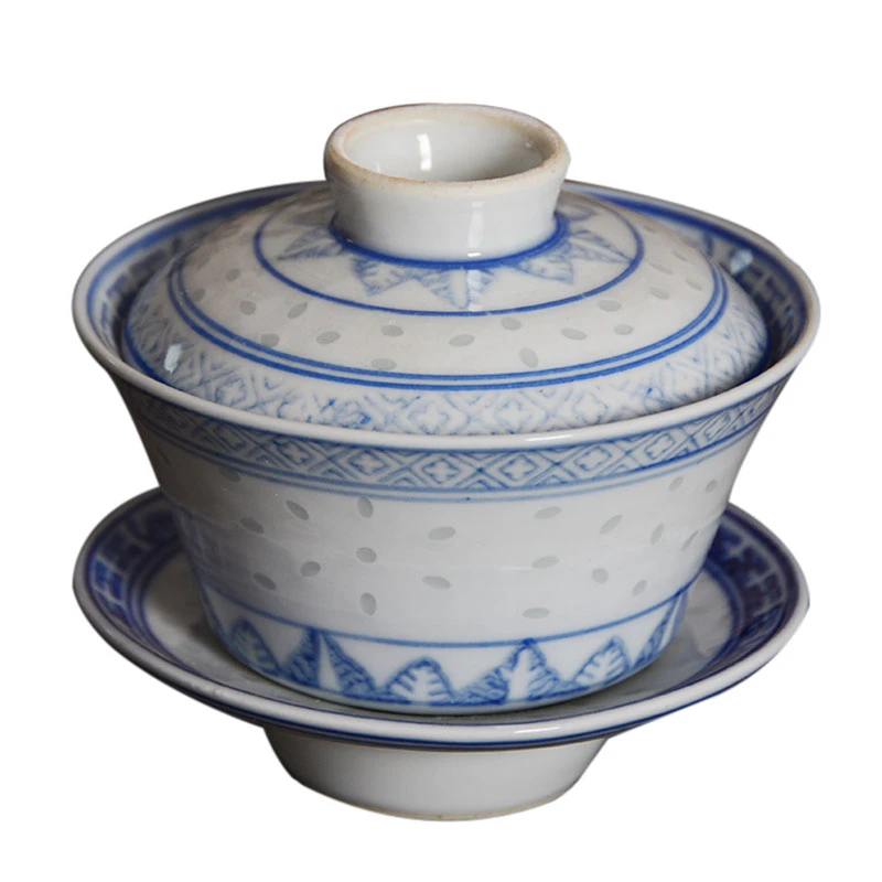 景德镇陶瓷茶具老光明瓷厂80年代青花玲珑三才盖碗仿古敬茶碗大号