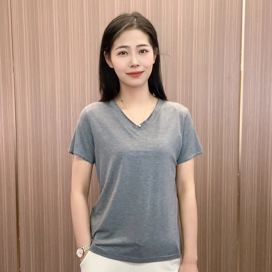 冰感塞尔棉丝滑凉爽亲肤柔软有光泽百搭净版纯色V领短袖T恤打底