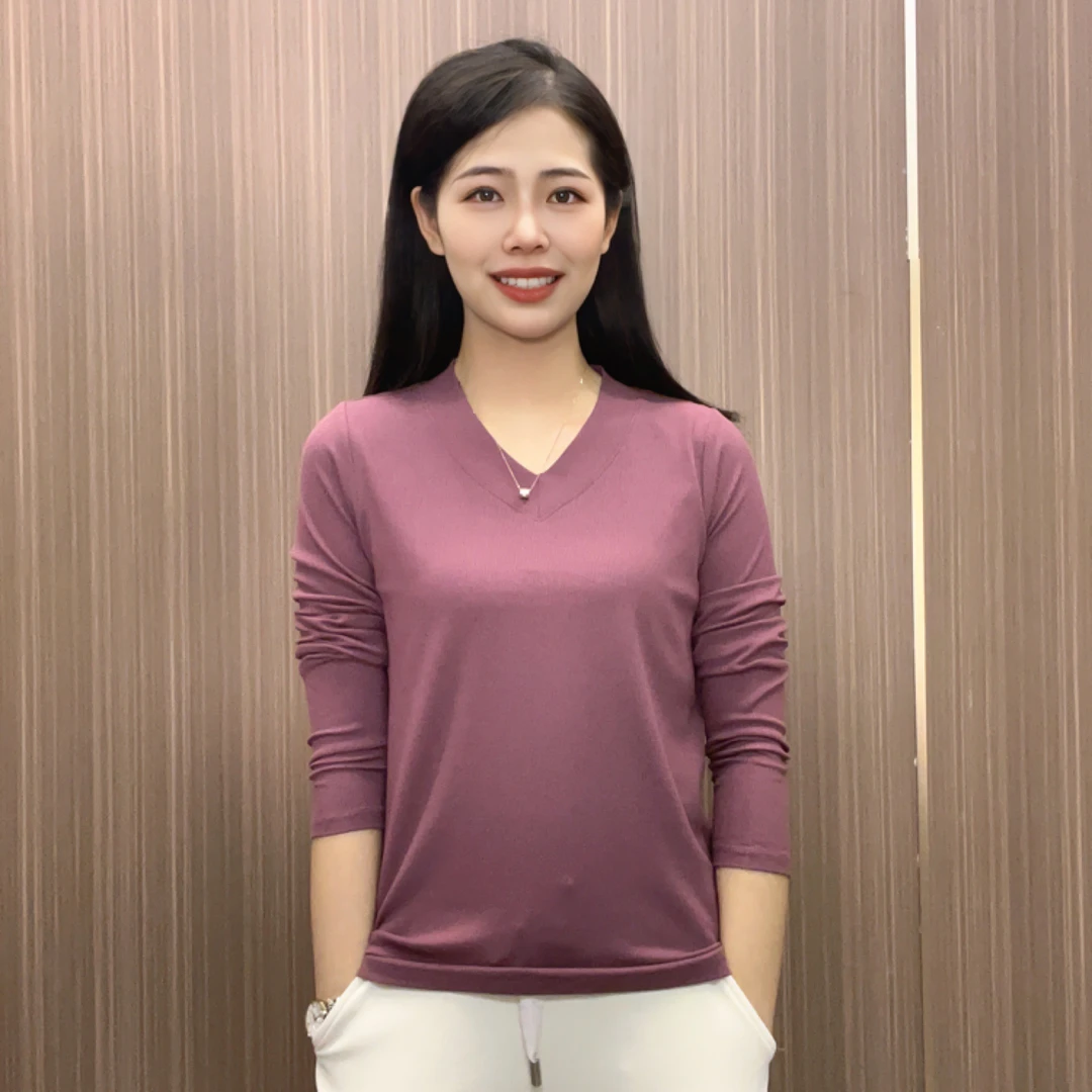秋季时尚休闲洋气百搭纯色V领简约显瘦女士长袖T恤高级罗纹棉打底