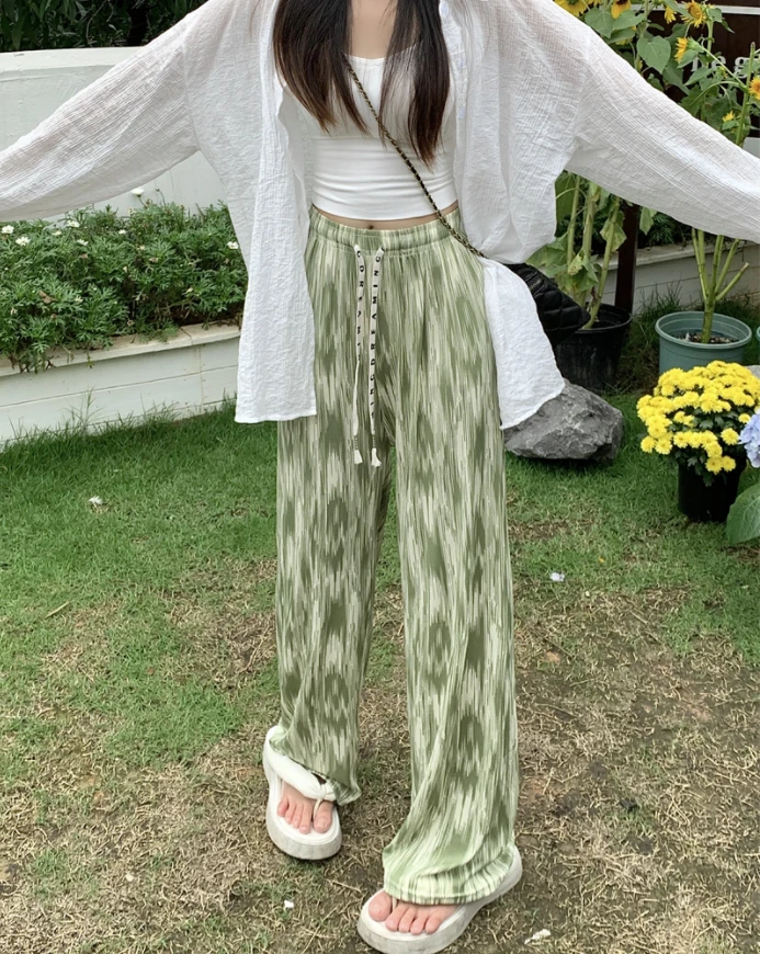 宽松休闲拖地长裤冰丝扎染高腰垂感宽松直筒休闲窄版条纹阔腿裤z