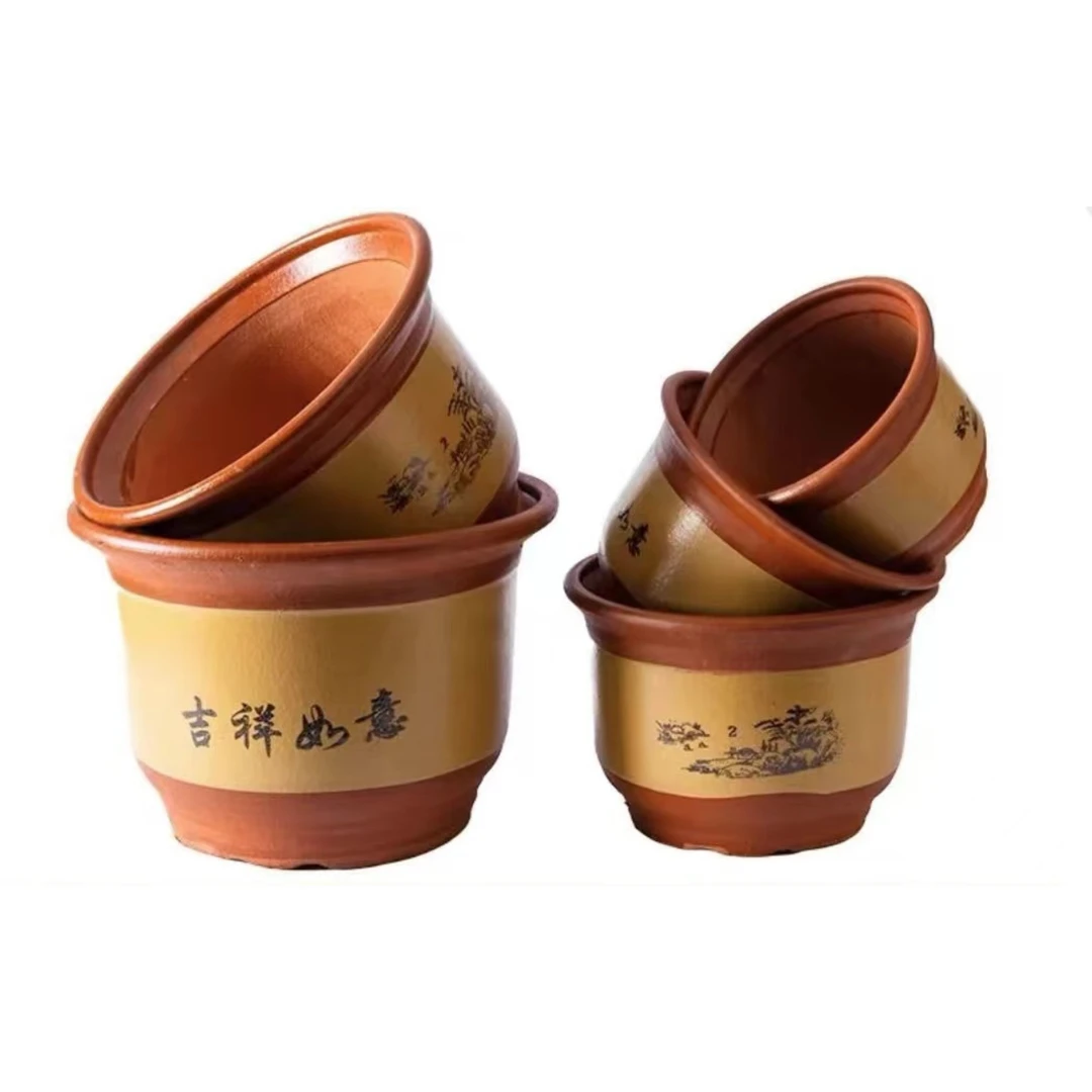 陶瓷花盆姜黄色简约家用粗陶花盆厂家直销种花种树绿植花盆批发