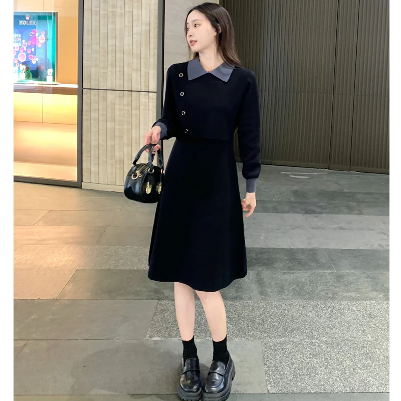 【韩墨墨】秋冬新款气质Polo领长袖拼接显瘦连衣裙#112