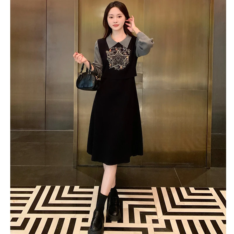 【韩墨墨】2025春秋气质Polo领拼接假两件显瘦连衣裙女#111