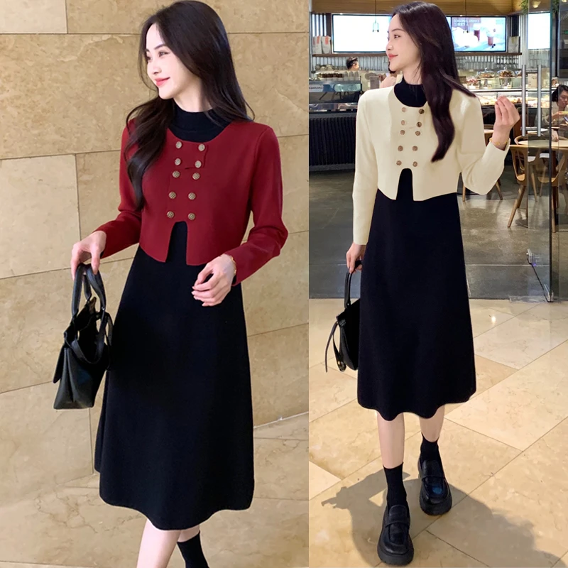 【墨墨家】秋冬新款气质假两件拼接半高领针织显瘦连衣裙#892