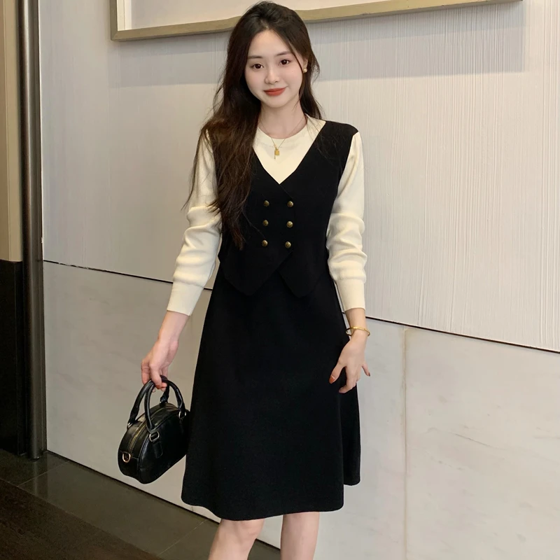 【墨墨家】2025年春秋新款气质长袖显瘦拼接假两件连衣裙#8880