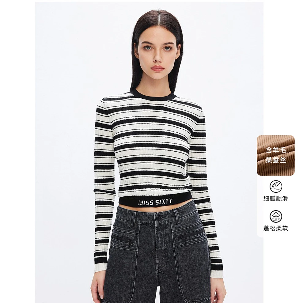 MissSixty秋季修身针织衫女士圆领复古条纹短款长袖弹打底衫黑白